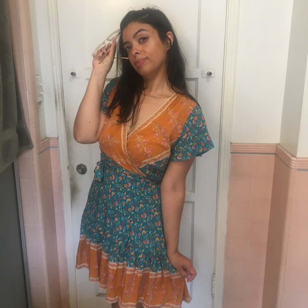 Boho Teal & Orange Wrap Dress - Picture 5 of 17
